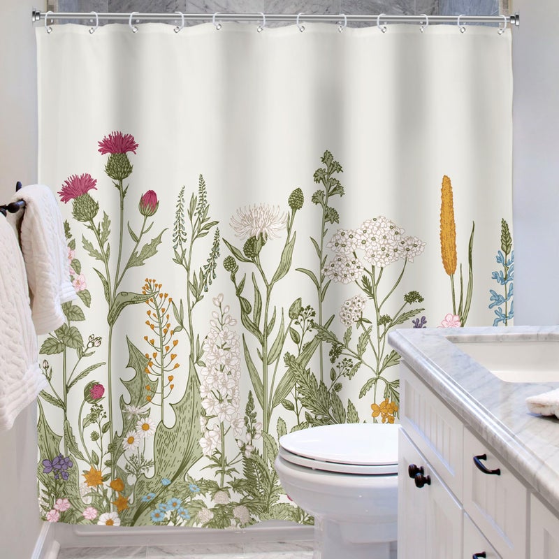 Riyidecor 72Wx84H Inch Extra Long Shower Curtain for Bathroom Decor Wildflower Flower Floral Vintage Botanical Accessories Herbs Plant Bathroom Set Windows Fabric Polyester Waterproof 12 Pack Hooks - Image 4